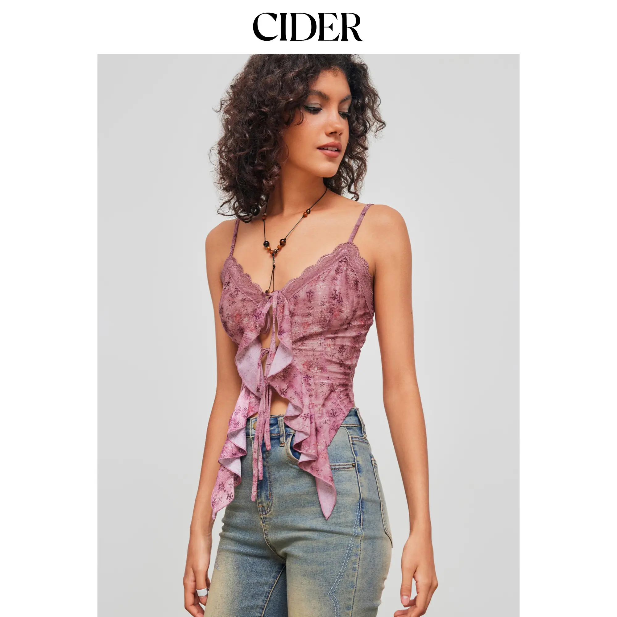 Women's Cider Sleeveless Crop Cami Top, Casual Sleeveless Crop, V-neck, Floral, Tie Front Bow, Lace Ruffle Hem, Size 2-10, Womenswear