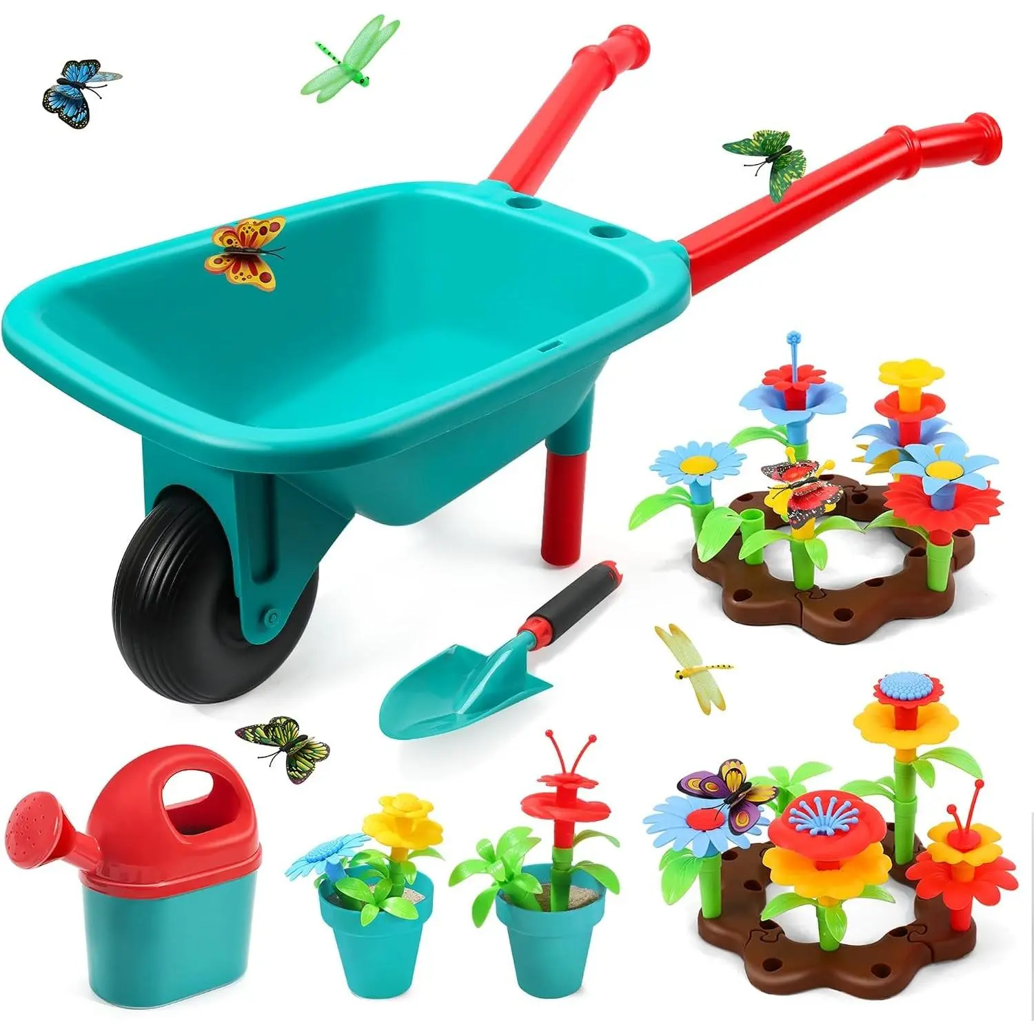 Kids Gardening Tool Set, Garden Toys with Wheelbarrow, Watering Can, Shovel, Flower Garden Building Toy, Pretend Play Outdoor Indoor Activities Stem Toy Gifts for Boys Girls