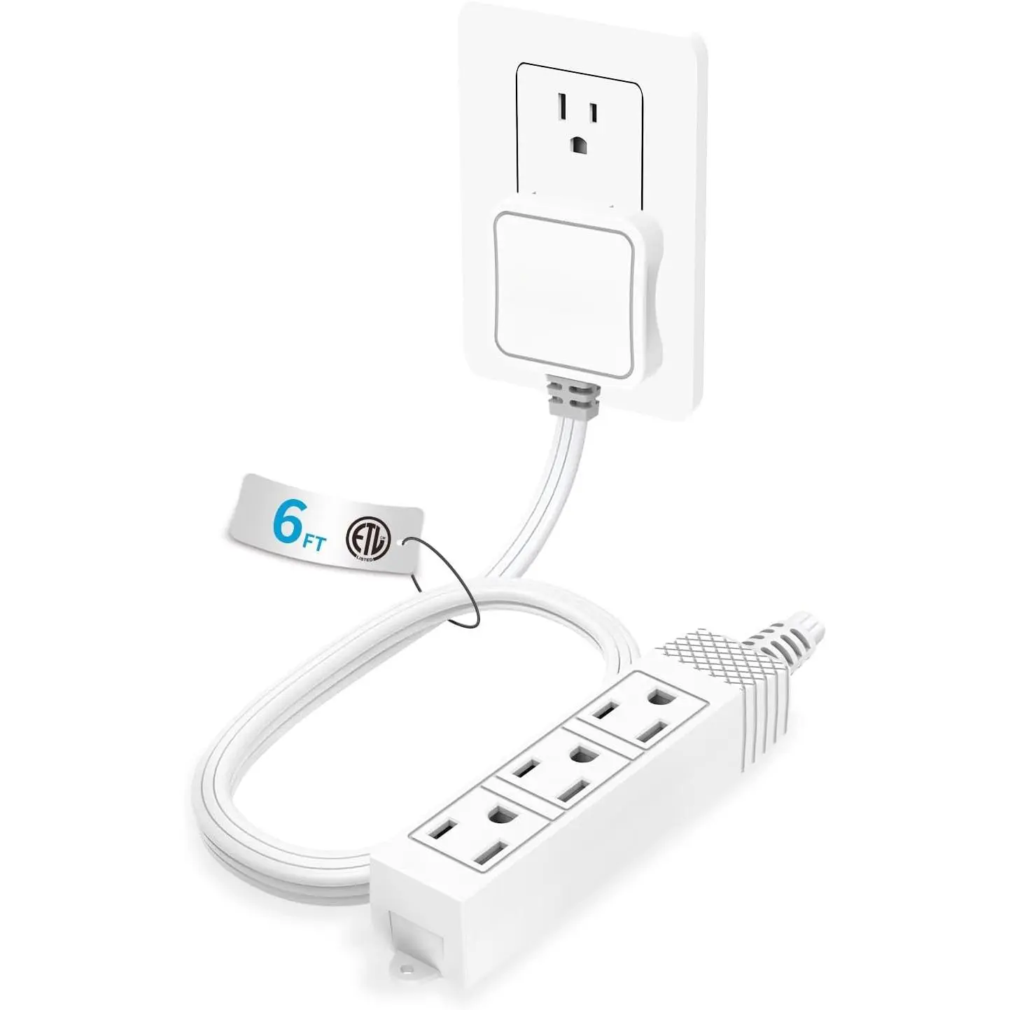 Flat Plug Extension Cord, 6 FT 3 Prong Outlet Strip, 3 Grounded Outlets for  Office and Travel, 13A/1625W, ETL Listed