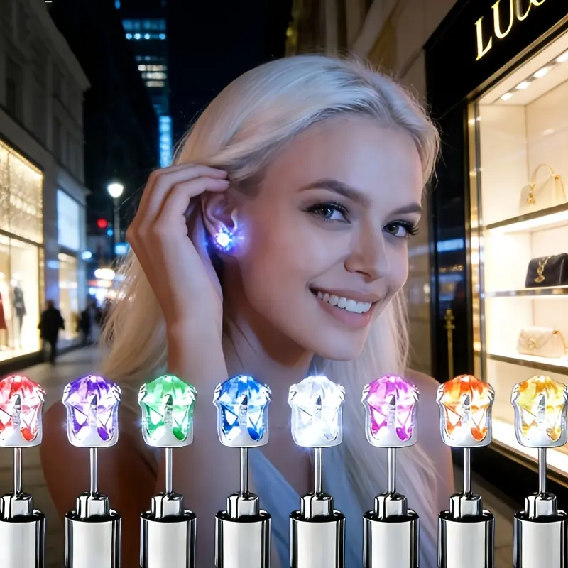 Pair of 2 neutral multicolor flashing LED earrings, exquisite and modern hypoallergenic jewelry, unisex fashion earrings