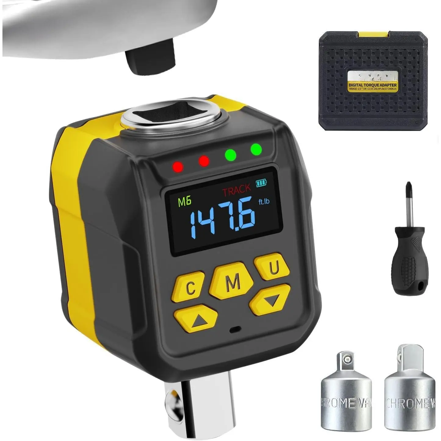 1/2" Drive Digital Torque Adapter, 7.5-147.5 Ft-lb, SAE and Metric | ±2% Accuracy  Torque Adapter Set with Socket Adapters (1/4", 3/8"), Buzzer & LED , for Ratchet, Breaker bar