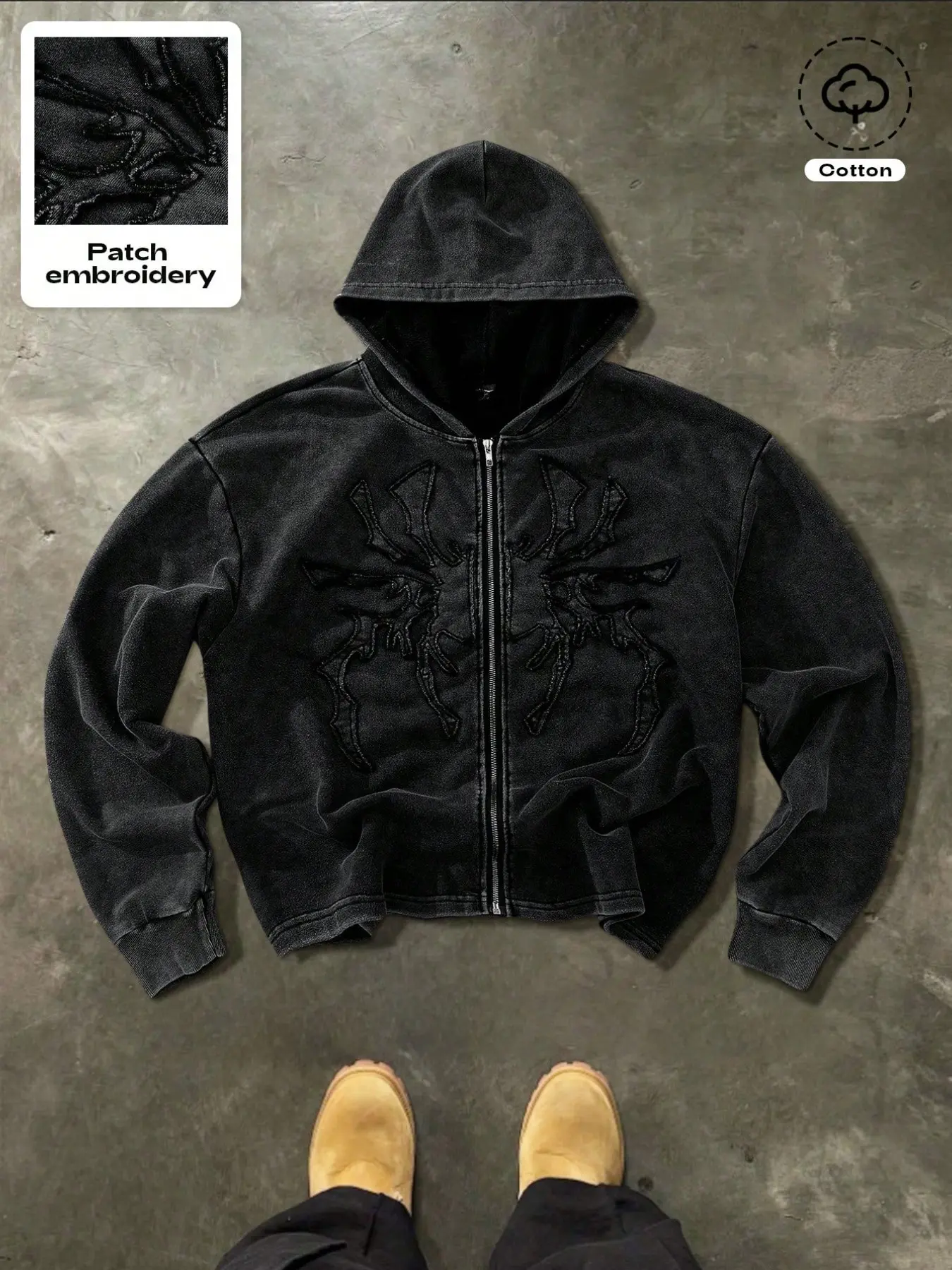 Vintage Washed Short Cotton Zipper Hoodie, Spider Embroidery Loose Sweatshirt, Gothic Streetwear, Men's Daily Skateboarding