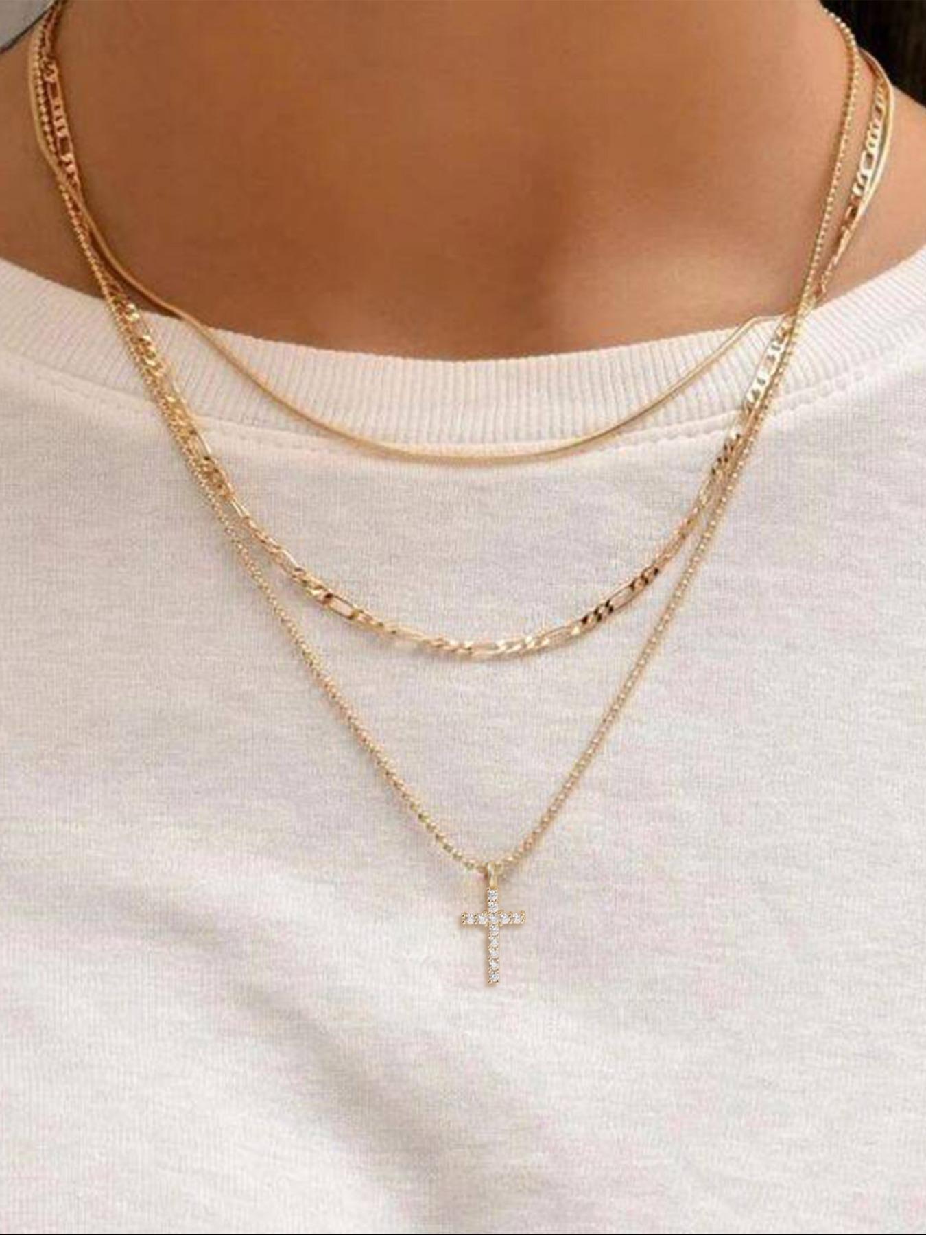 Elegant Women's Layered Necklace Set, Multi-Layer with Artificial Zirconia Stones, Faith-Inspired Jewelry Collection, Cross Charm Necklace, Multilayer Cross Necklace