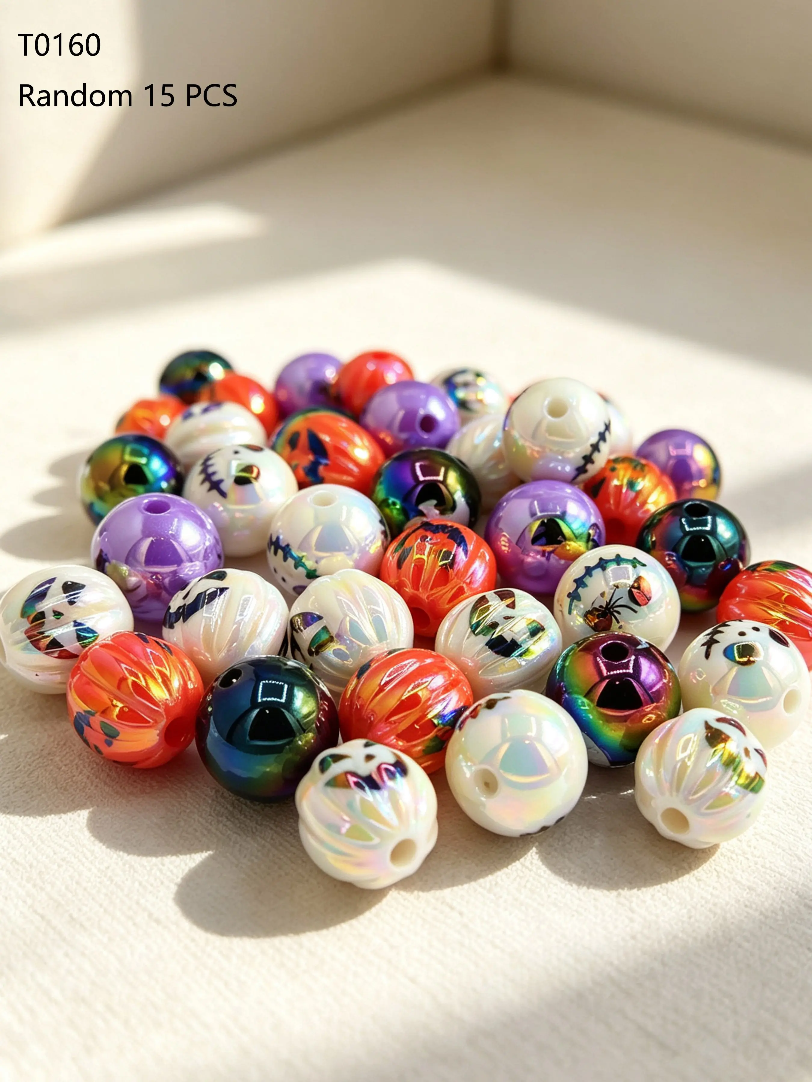 15+ Halloween Acrylic Beads, DIY Beads Assortment, Mixed Styles, Electroplated, Pumpkin Ghost Spider Skull Print, DIY Jewelry Making Supplies