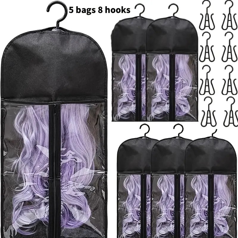 WS--Wig Storage Set with 5 Storage Bags + 8 Hooks, Featuring Hooks for Convenient Hanging Storage. Anti-tangle Wig Stand, Suitable for Wig Storage- Durable Hair Extension Organizer for Multiple Wigs & Accessories