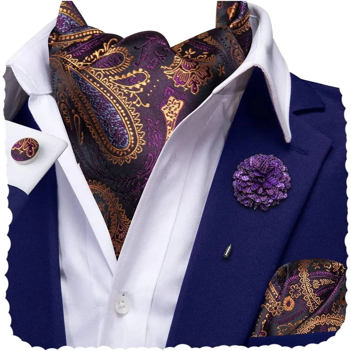Hi-Tie Silk Ascot for Men Self Tie Men's Cravat and Flower Lapel Pin Handkerchief Cufflinks Set for Wedding Party
