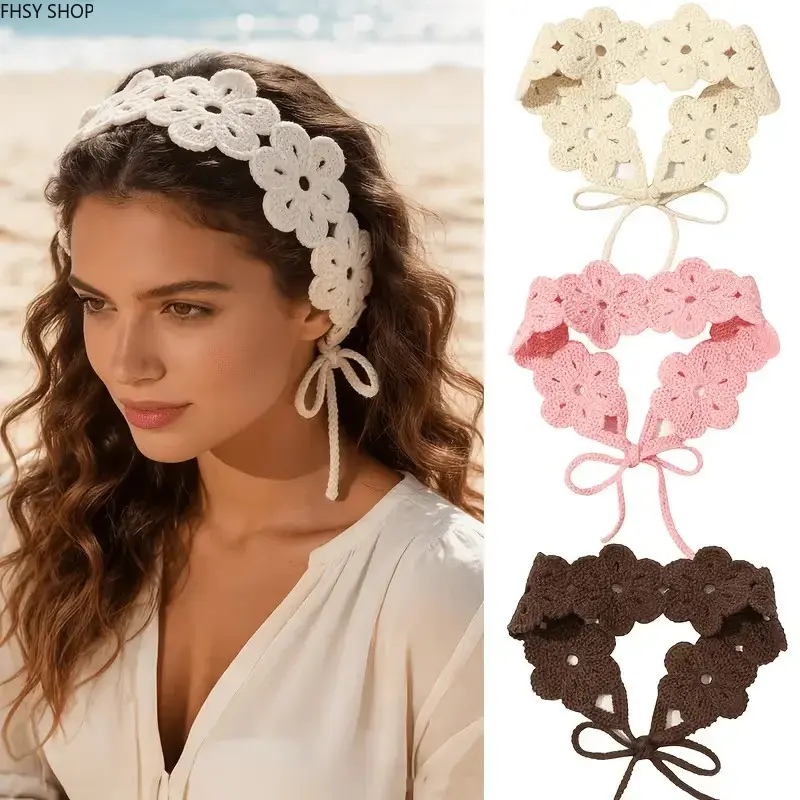 Women's Bohemian Crochet Floral Headband - Soft Fabric Stretchy Headband with Tie-Dye Knitted Design, Clip Closure for Casual Summer Beach Everyday Wear