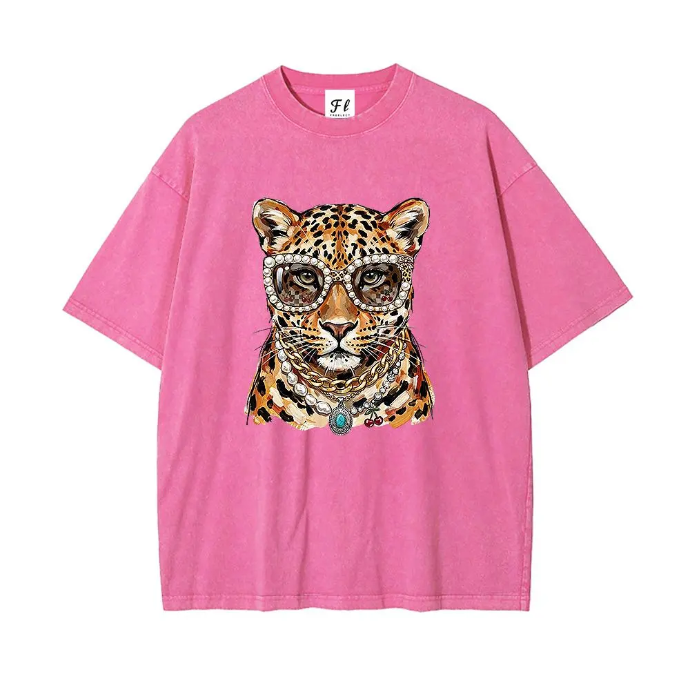 Men's Oversized Vintage-Wash T-Shirt with Cheetah Graphic, Street-Style Short-Sleeve Fashion Tops, Shortsleeve, Streetwear, Tshirt, Casual, Menswear, Cheetah Print, All Seasons, Clothes, Cotton, Basic, Chic, Classic, Round Neck, Medium Length, Graphic Pri