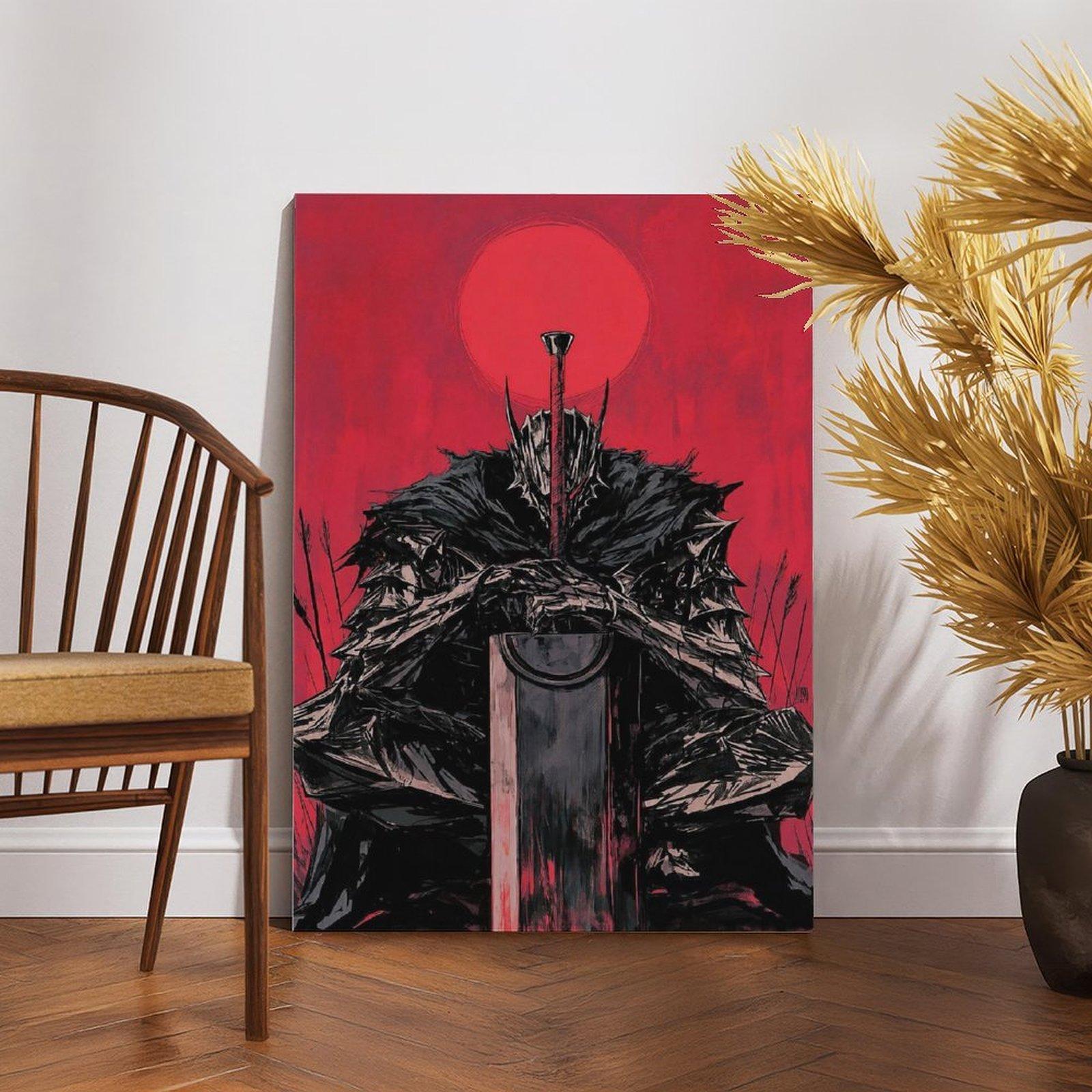 Berserk Guts Inspired  Canvas Painting - Japanese Dark Fantasy Manga Panel Print, Heavy Metal Warrior Armor Design Artwork, Artistic House Home Office Wall Hanging Decor Poster