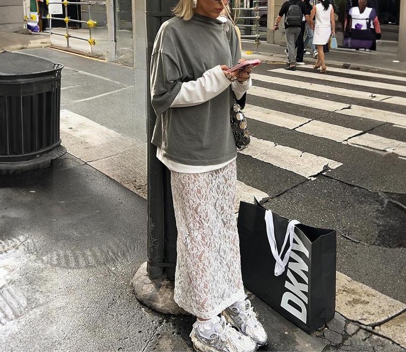 Street Fashion Jacquard Hollow Back Slit Lace Maxi Skirt for Women Big Size Elegant Chic Basic Minimalist White Summer Clothes TWomenswear Bottom