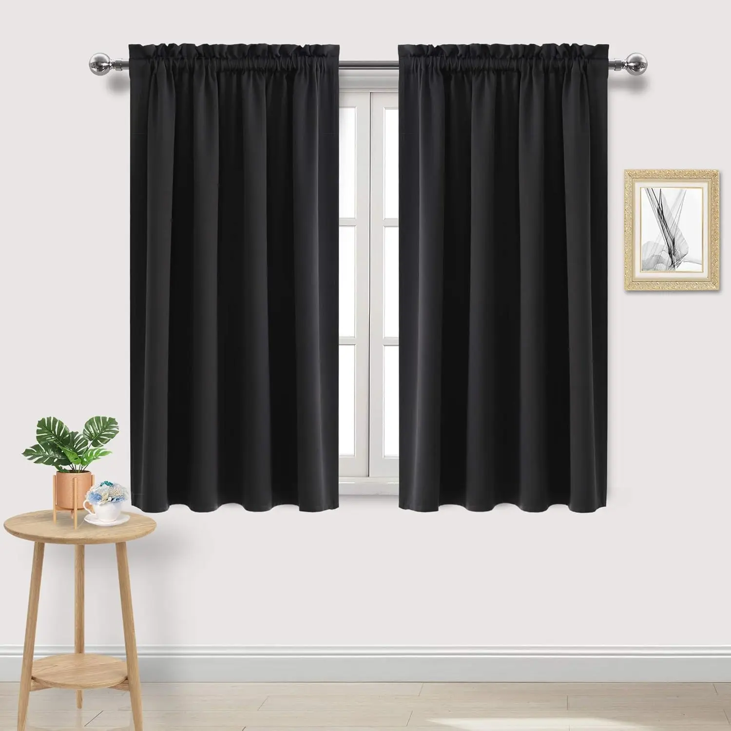 Polyester Blend Blackout Curtains - Room Darkening Thermal Window Panels, 52x45 in, Set of 2 Black Rod Drapes for Bedrooms