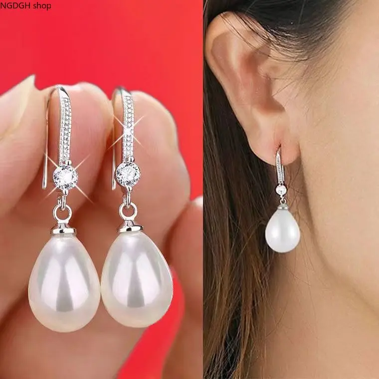Women's Teardrop Pearl Dangle Earrings with Rhinestone Crystal Hook, Elegant Gold or Silver-Tone Finish for Party Wear & Daily Fashion