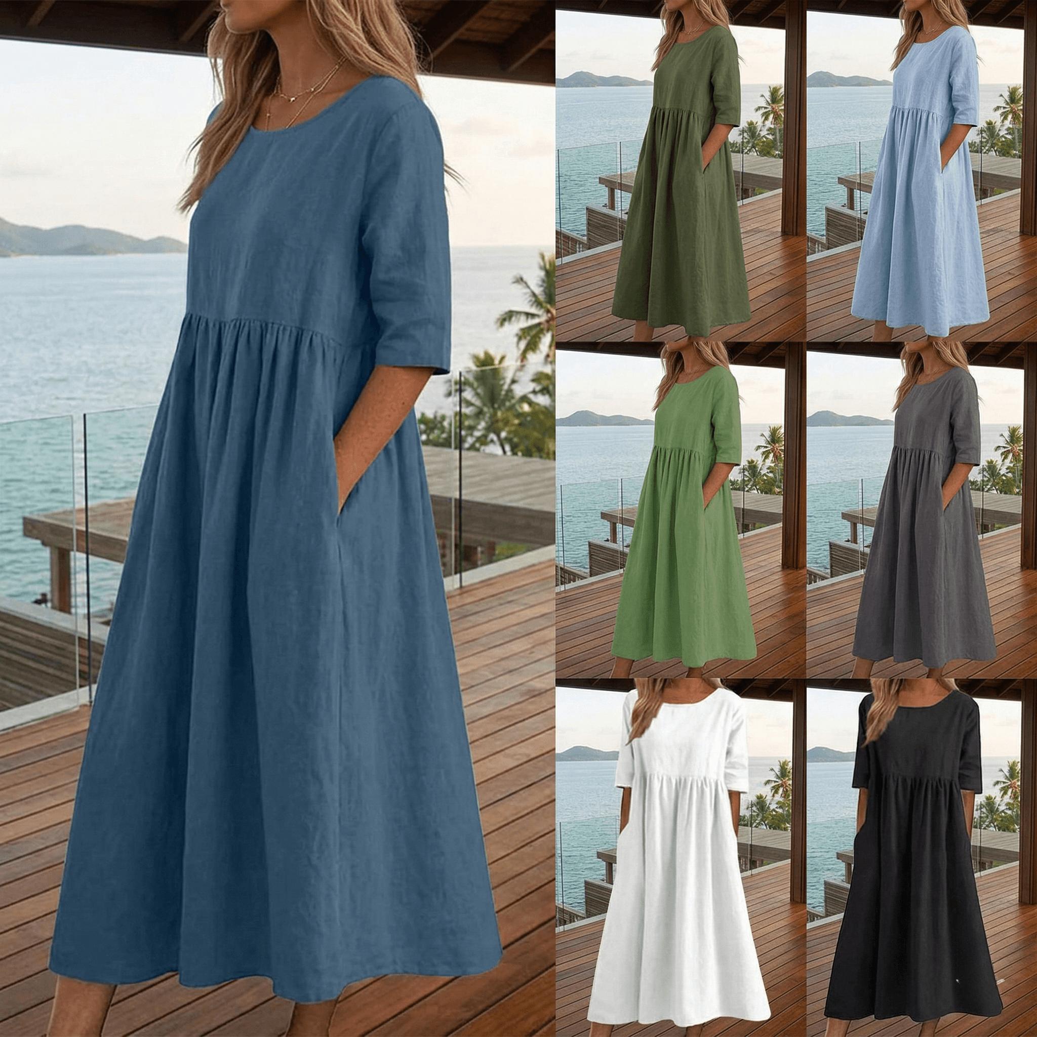 Summer New Cotton and Linen Casual Short Sleeve Pocket Fold Loose Round Neck Women's Dress