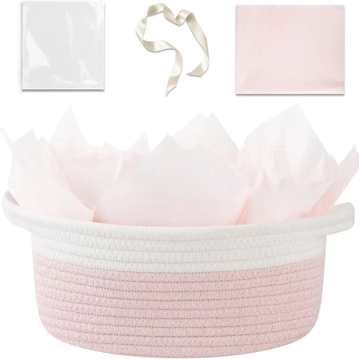 Cotton Rope Woven Versatile Storage Basket with Handle, Includes Gift Bag and Ribbon, Durable Empty Basket for Pet Supplies, Beauty Products, Holiday Gifts