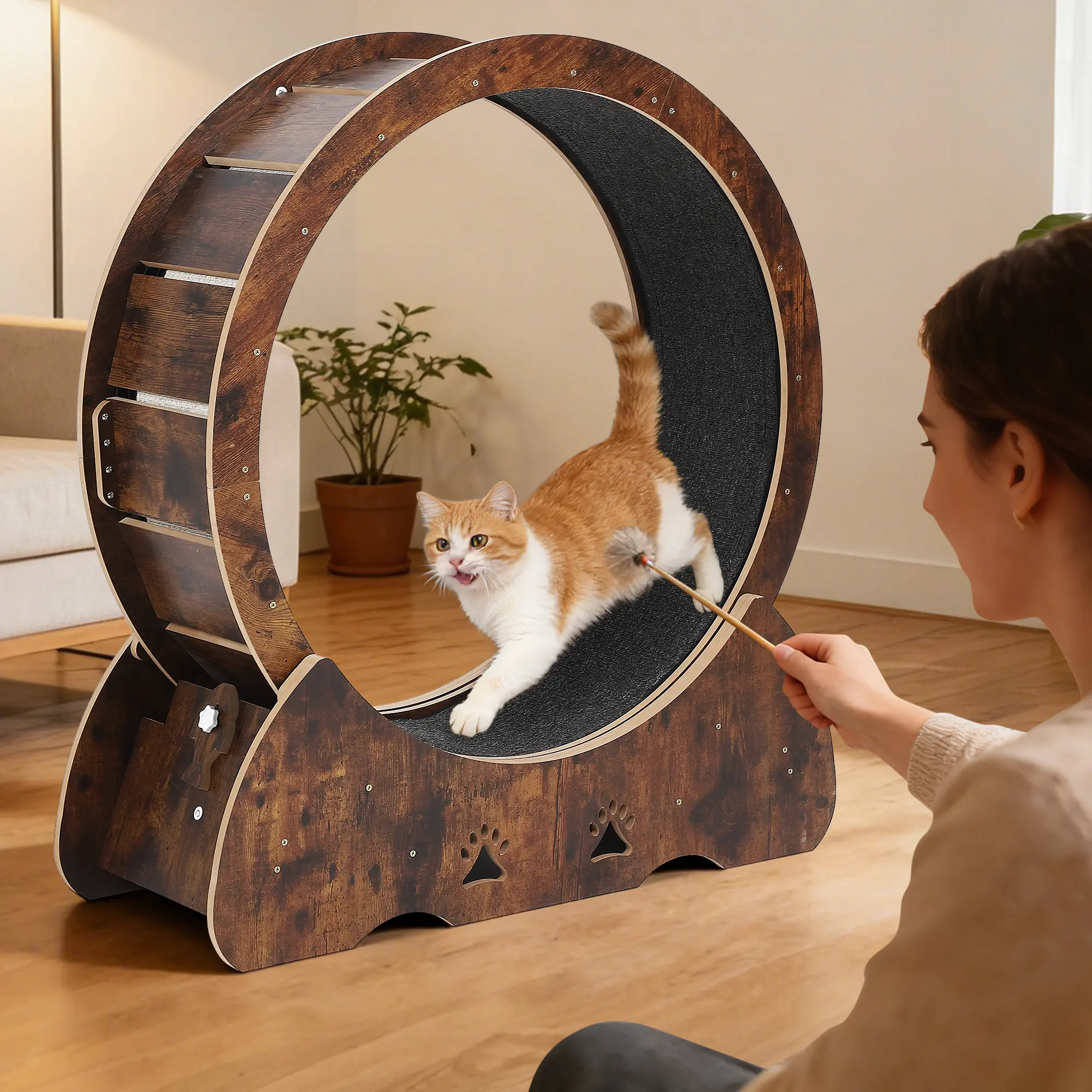 Low-Noise Wooden Cat Exercise Wheel Treadmill - 35.4 in Heavy-Duty Indoor Running Wheel with Removable Carpeted Catwalk for Kitty Walking Training & Fitness
