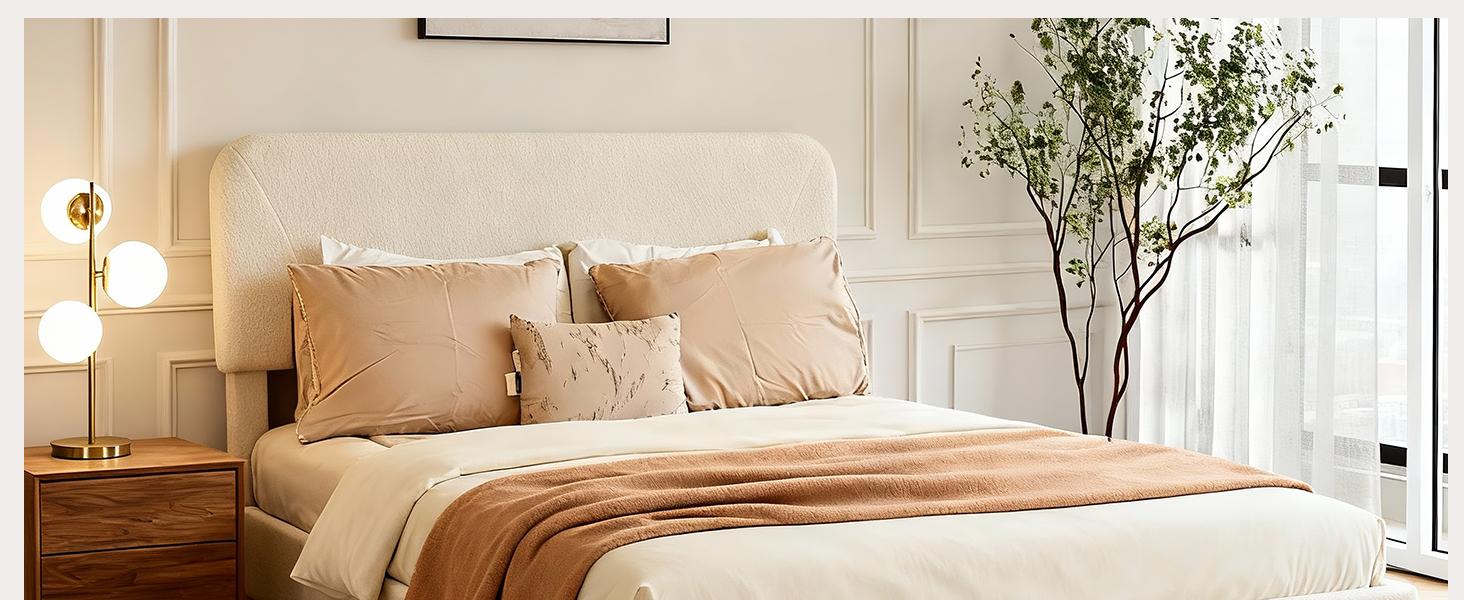 Queen Size Cloud Bed Frame, Soft Boucle Bed Frame with Adjustable Headboard, Solid Wood Legs, Rounded Corners Design & Easy Assembly – Modern Platform Bed,Cream