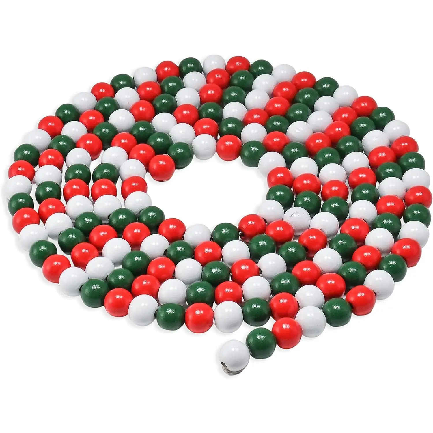Wooden Beeded Chrtistmas Tree Garland - Red Green & White Rustic Decor 10'