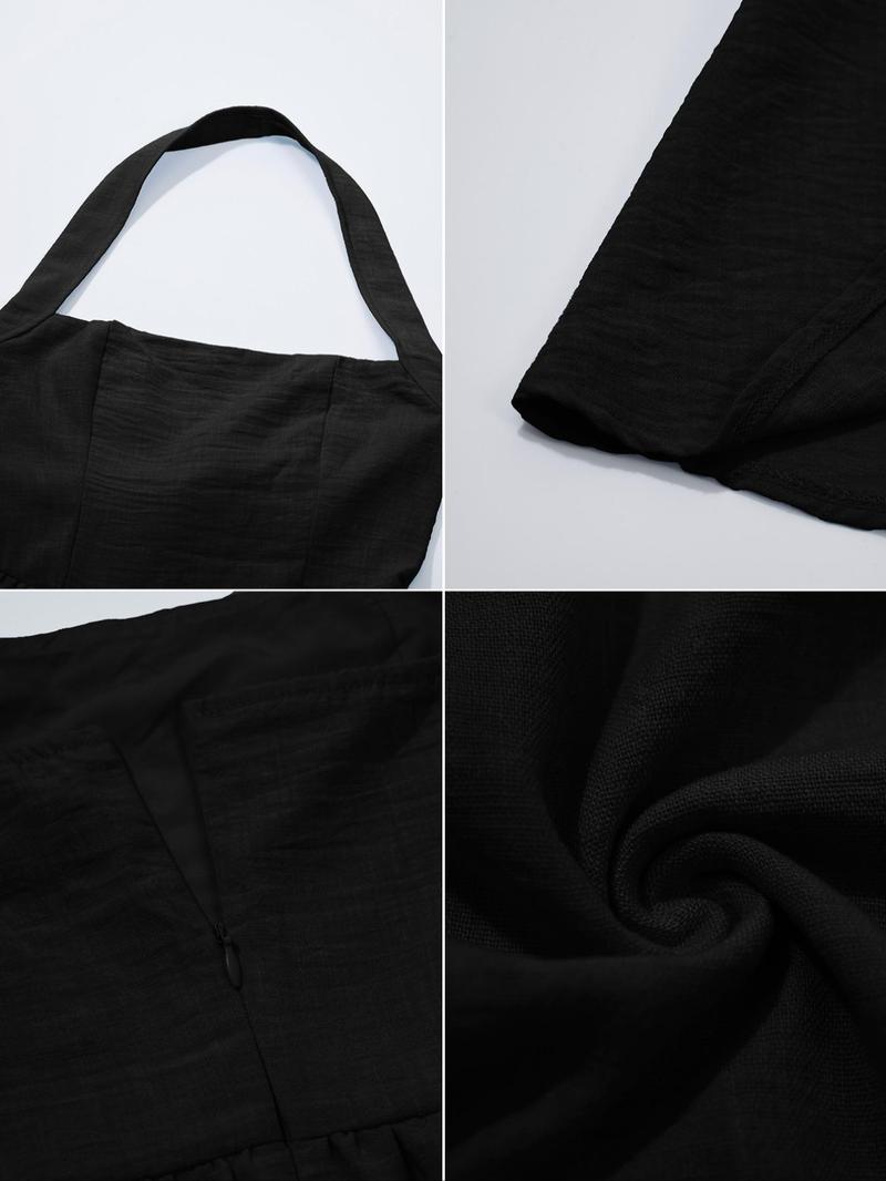 Women's Plain Pocket Zipper Back Dress, Casual Sleeveless Halter Neck A Line Dress for Summer, Ladies Clothes for Beach Holiday, Brunch Dresses