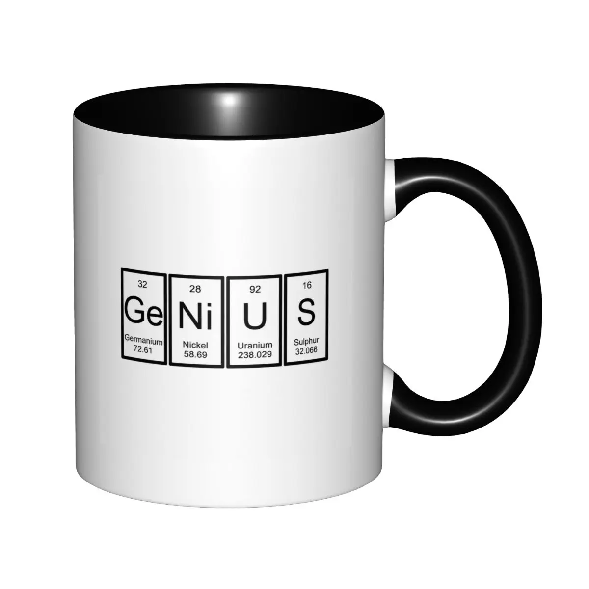 Genius Periodic Table Element Symbol Ceramic Heat Resistant Mug, 11oz Modern Curved 2-Tone Chemistry-Themed Cup with Germanium-Nickel-Uranium-Sulphur Pun Graphic, Chemistry Science Teacher All-Season Gift