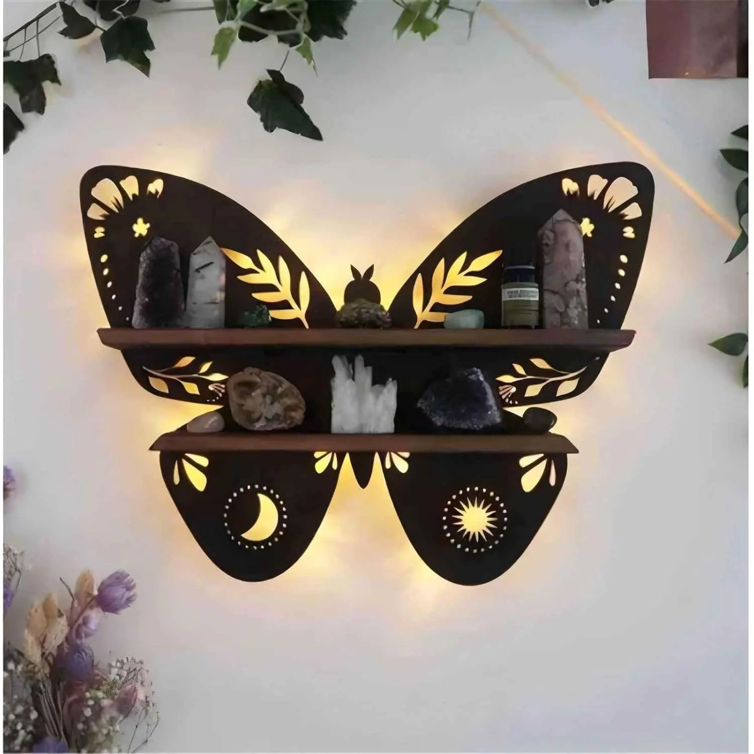 Crystal Display Shelf Wall Moon Shelves Luna Moth Hamsa Hand Holder Floating Wall Mounted Decorative Crystal Shelf (Butterfly-38.5 * 28cm/15 * 11inch)
