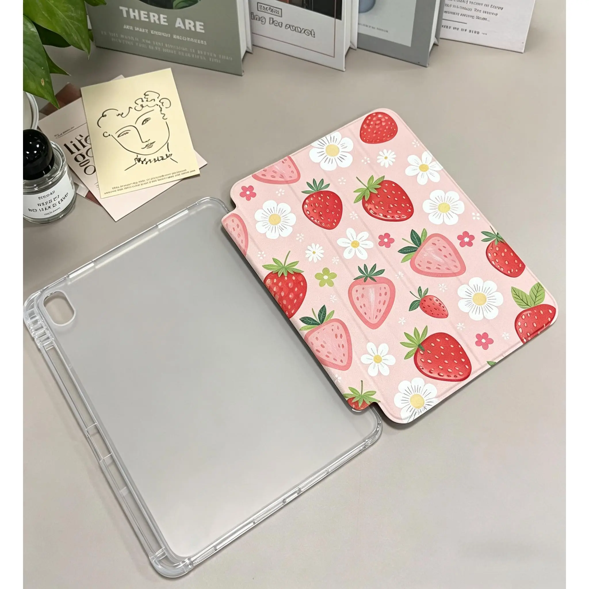 DarlingCase Cute Strawberry Floral iPad Case with Pencil Holder,Clear Transparent Back Tri-Fold Folio Cover, Shockproof Slim Adjustable Stand Tablet Protector, for iPad A16 11th/10th,Air 1/2/4/5/6.iPad Pro 10.5in/12.9in/13in.Mini 7
