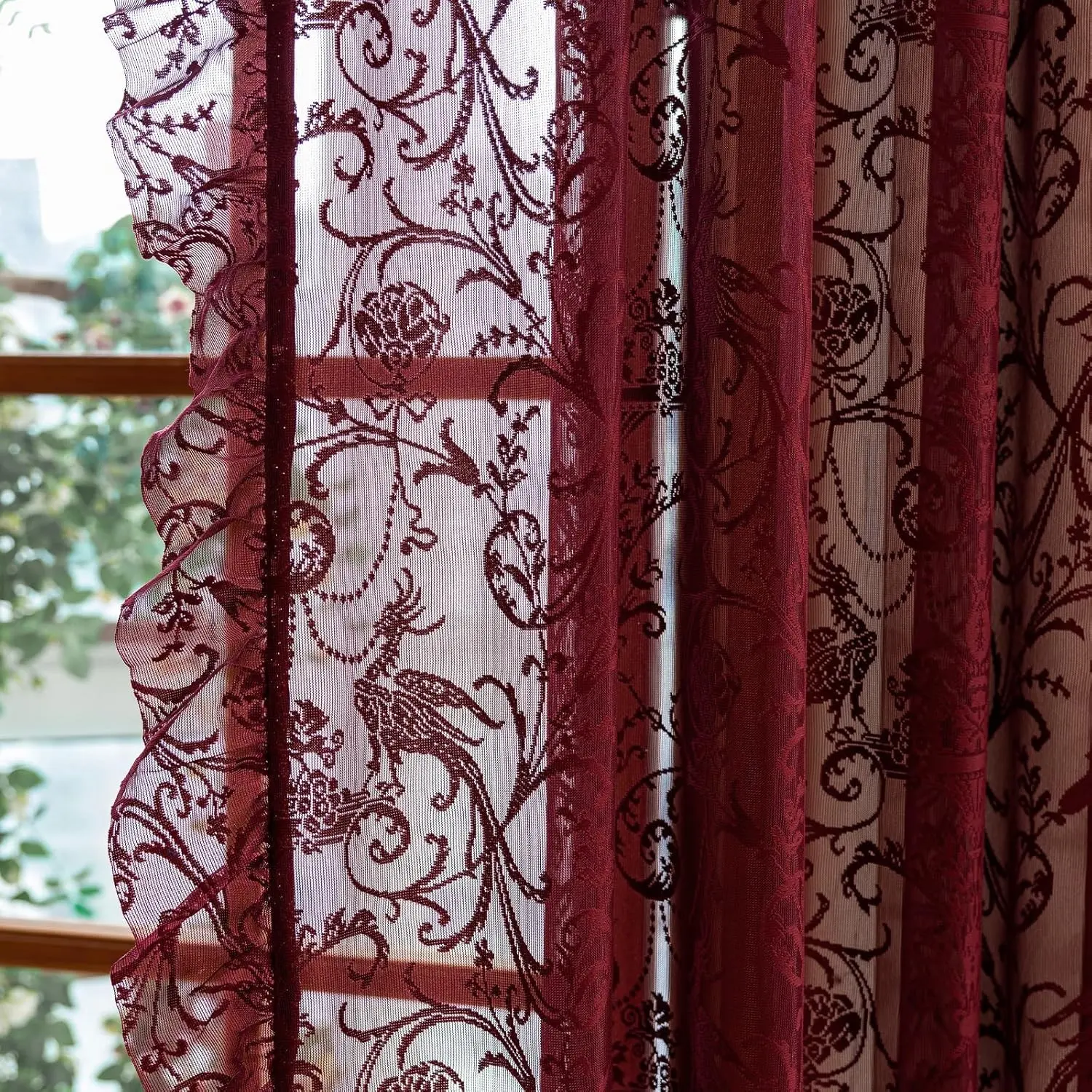 Burgundy Sheer Curtains 84 Inches Long for Living Room - Luxury Modern Maroon Red Sheer Curtains for Bedroom, Aesthetic Tulle Rod Pocket Light Filtering Farmhouse Red Drapes, 59 x 84 InchGift