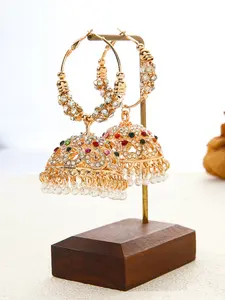 Boho Indian Style Rhinestone Bell Earrings, Vintage Luxury Full Diamond Color Gem Pearl Pendant, Unique Ethnic Fashion Ear Cuffs