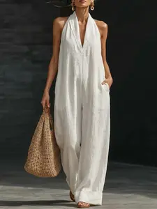 European and American Lazy Style Halter Deep V Cotton Linen One-Piece Pants, Flowy Wide Leg Vacation Beach, Multiple Colors