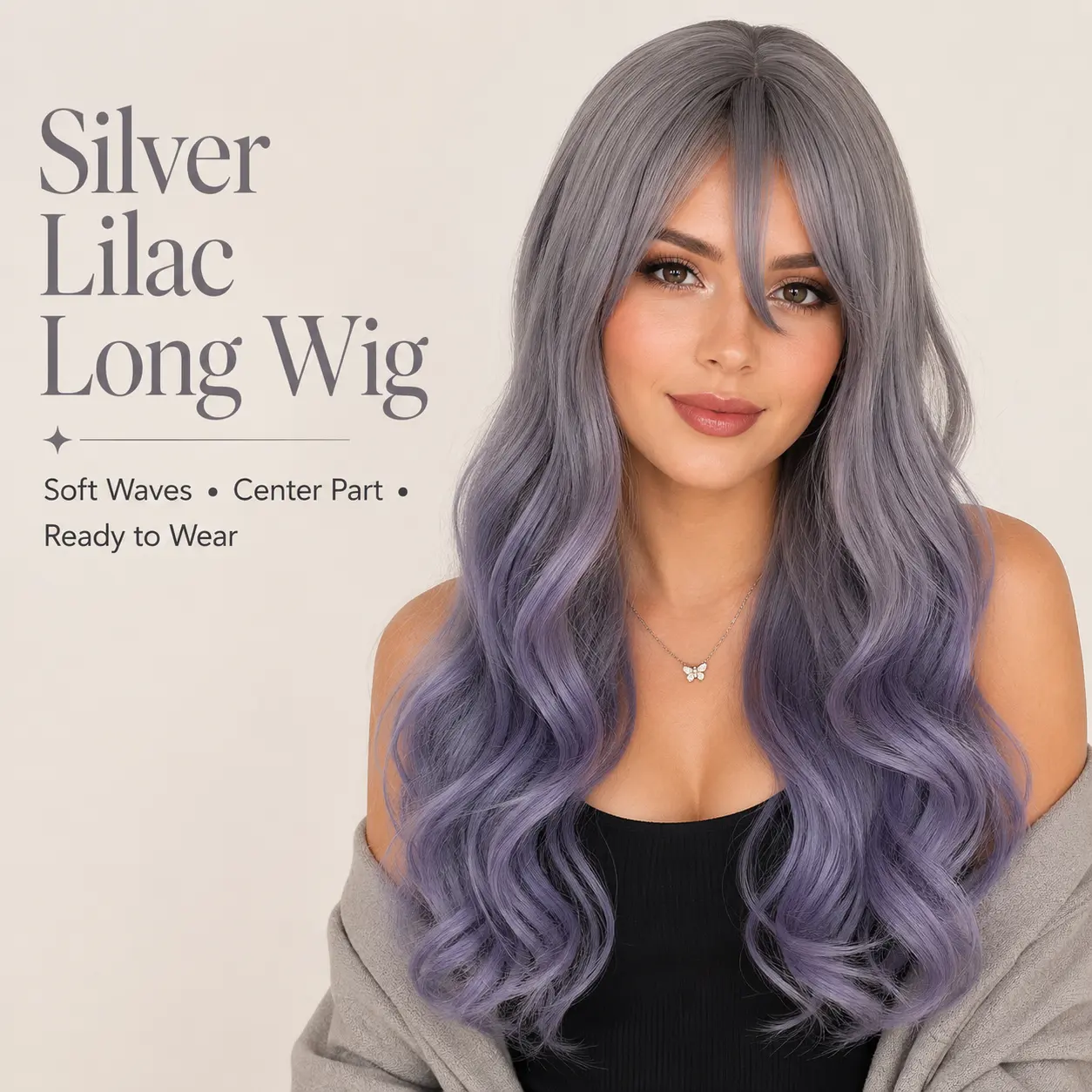 Silver Lavender Ombre Wig for Women, Long Wavy Purple Synthetic Wig with Center-Part Face-Framing Bangs for Cosplay, Parties & Halloween