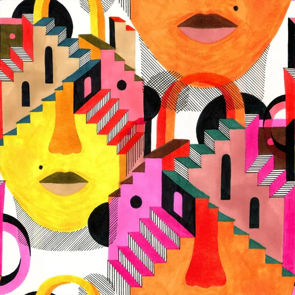 Bright Orange Yellow Abstract Face Stairs Modern Art Wallpaper - High-Quality Pre-Pasted Self-Adhesive Moisture-Proof PVC Coating Vinyl Sheet Furniture Stickers, 17.71in x 118.1in Easy Peel & Stick for Living Room, Gardens, Indoor/Outdoor Use, High Qualit