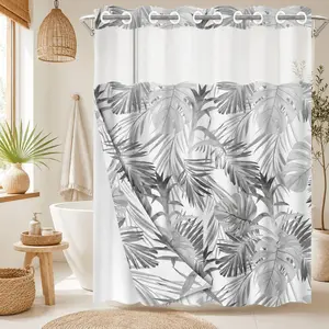 1 Pc Hookless Double Layer Shower Curtain, Black and White Tropical Monstera Print, Machine Washable Waterproof Mildew Resistant Fabric, Minimalist Nordic Home Bathroom Decor, Removable Snap-in Liner, Top See-Through Window, 71"×74"