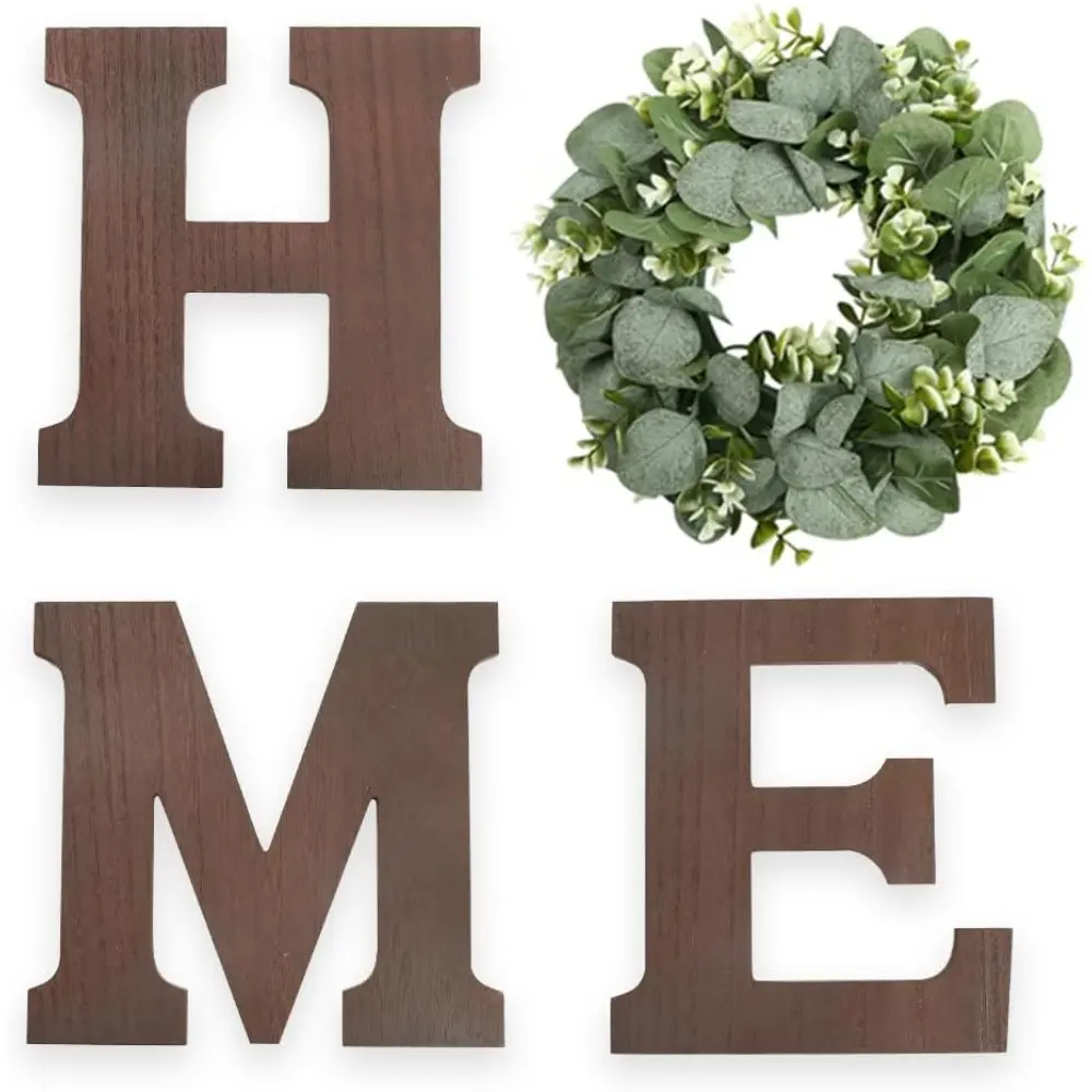 1 Set Large Rustic Paulownia Wood Farmhouse Wall Letters Set - Name Sign "H/M/E/O" with Black Wood Letters & Eucalyptty Wreath, Vertical/Horizontal Hanging for Entryway, Living Room, Kitchen Decor - Housewarming Wedding Gift