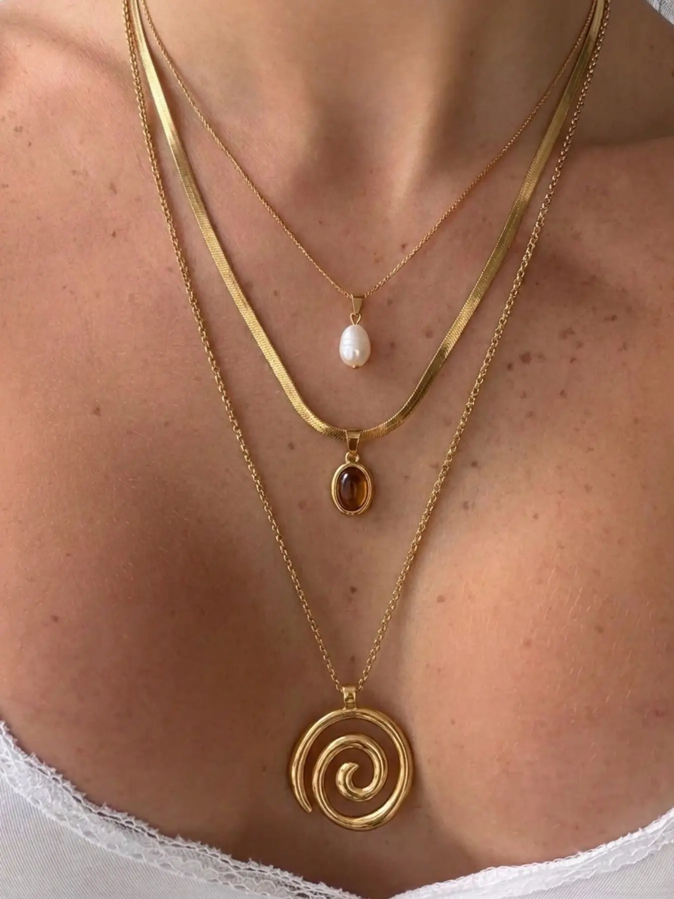3 Pcs Gold Layered Stackable Necklace Set, Vintage Boho Style, Snake Chain Faux Pearl Tiger Eye Large Spiral Totem Pendant, Women Stack Choker Necklace For Daily Commute Vacation Party Daily Casual Necklace