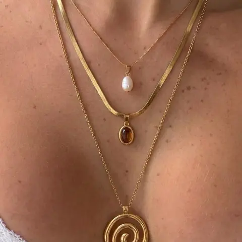 3 Pcs Gold Layered Stackable Necklace Set, Vintage Boho Style, Snake Chain Faux Pearl Tiger Eye Large Spiral Totem Pendant, Women Stack Choker Necklace For Daily Commute Vacation Party Stacking Necklace