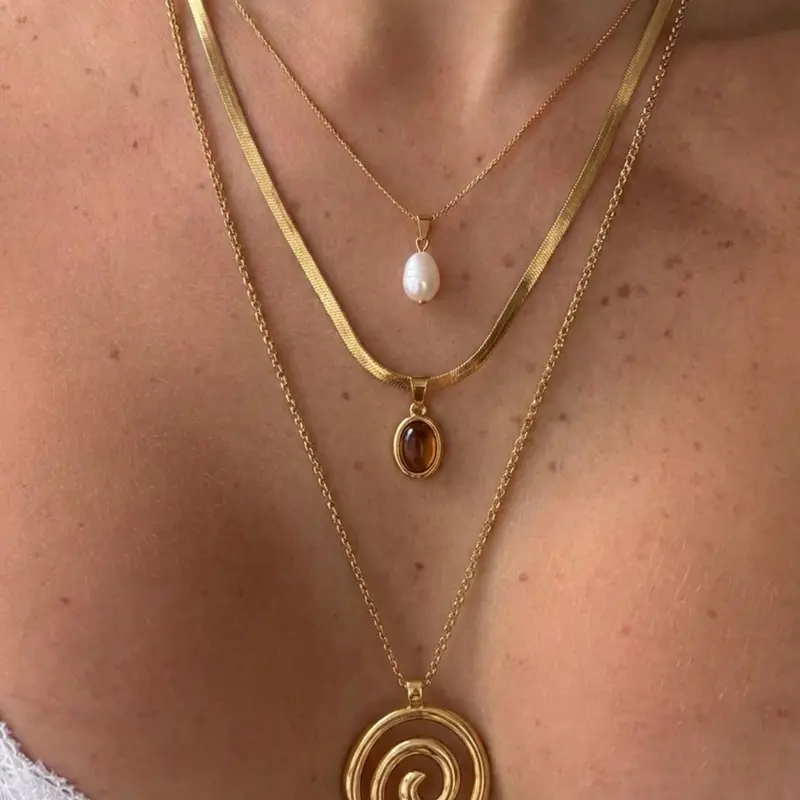 3 Pcs Gold Layered Stackable Necklace Set, Vintage Boho Style, Snake Chain Faux Pearl Tiger Eye Large Spiral Totem Pendant, Women Stack Choker Necklace For Daily Commute Vacation Party Stacking Necklace