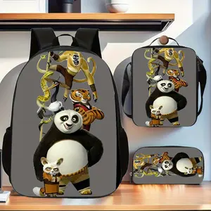 Kung Fu Panda Po and Master's Squad three-piece school bag set in pure gray color includes a backpack, insulated lunch bag, and stationery storage bag for daily use by teenagers