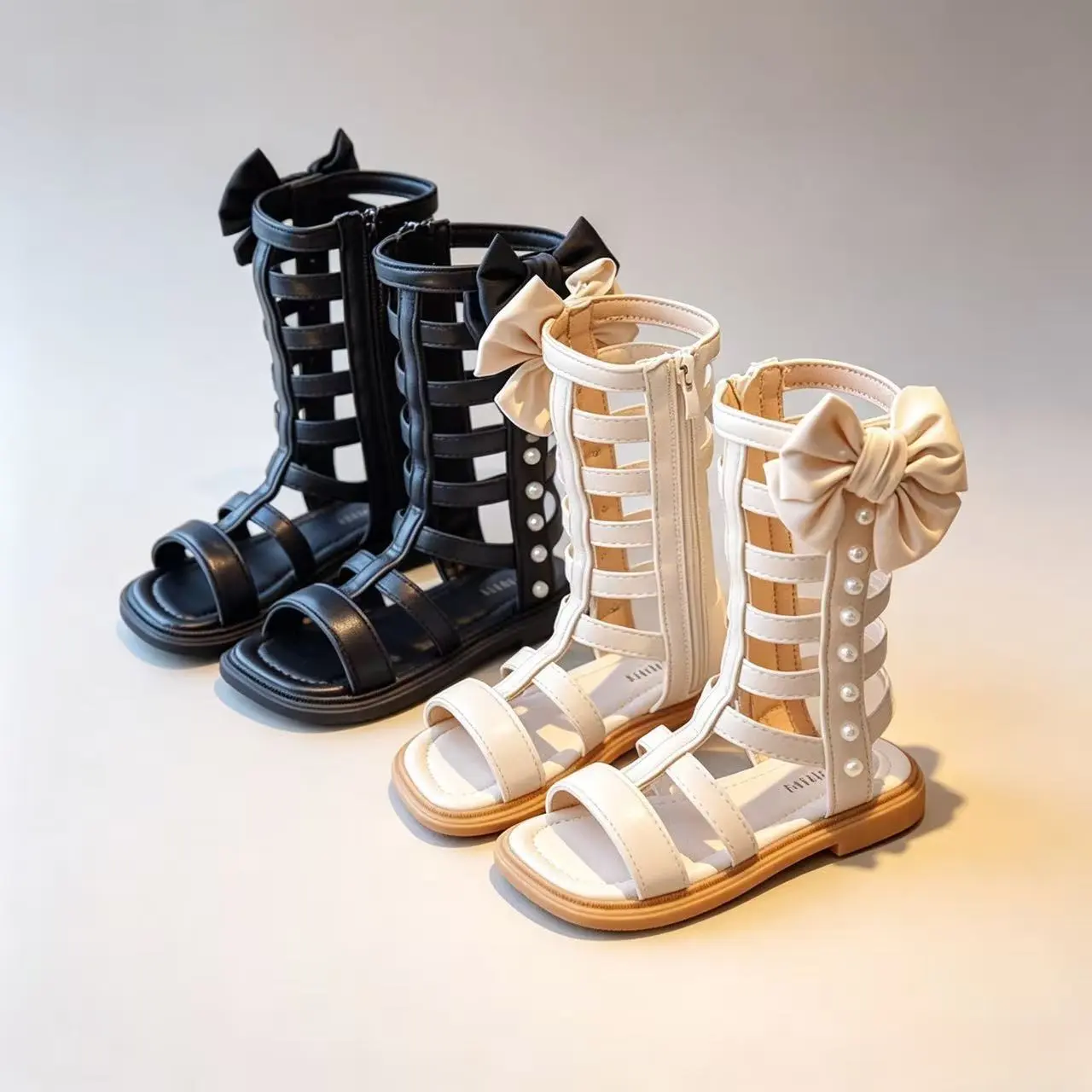 Girls' Princess Look High-Top Roman Sandals - Synthetic Leather with Bow & Pearl, Lightweight Hollow-Out Design, Pe Accent, Above-Ankle Fit for Summer Weddings & Dance Performances, Size 5-6 Years