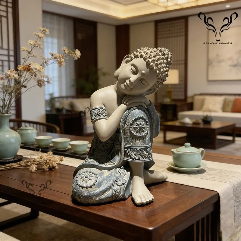 Zen Buddha Resin Ornament, Quiet Contemplation Design, Vintage Weathered Finish, New Chinese Tea Room Decor, Meditation Space Craft