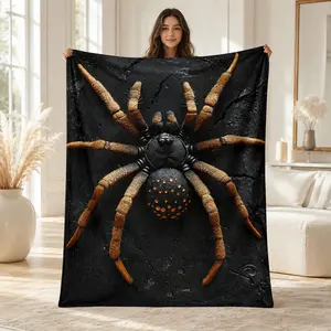 1PC Realistic Giant Spider Dark Crack Background Print Flannel Blanket, Soft Skin-Friendly Anti-Pilling Machine Washable Lightweight Throw Blanket, All Seasons For Adults Home Sofa Office Nap RV Camping Weird Dark Style Gift Decor Blanket