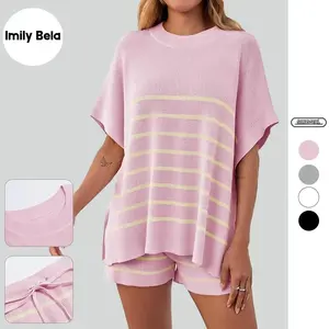 Imily Bela Women's Striped 2 Piece Outfits Oversized Batwing Short Sleeve Tops High Waisted Shorts Summer Knit Lounge Short Sets