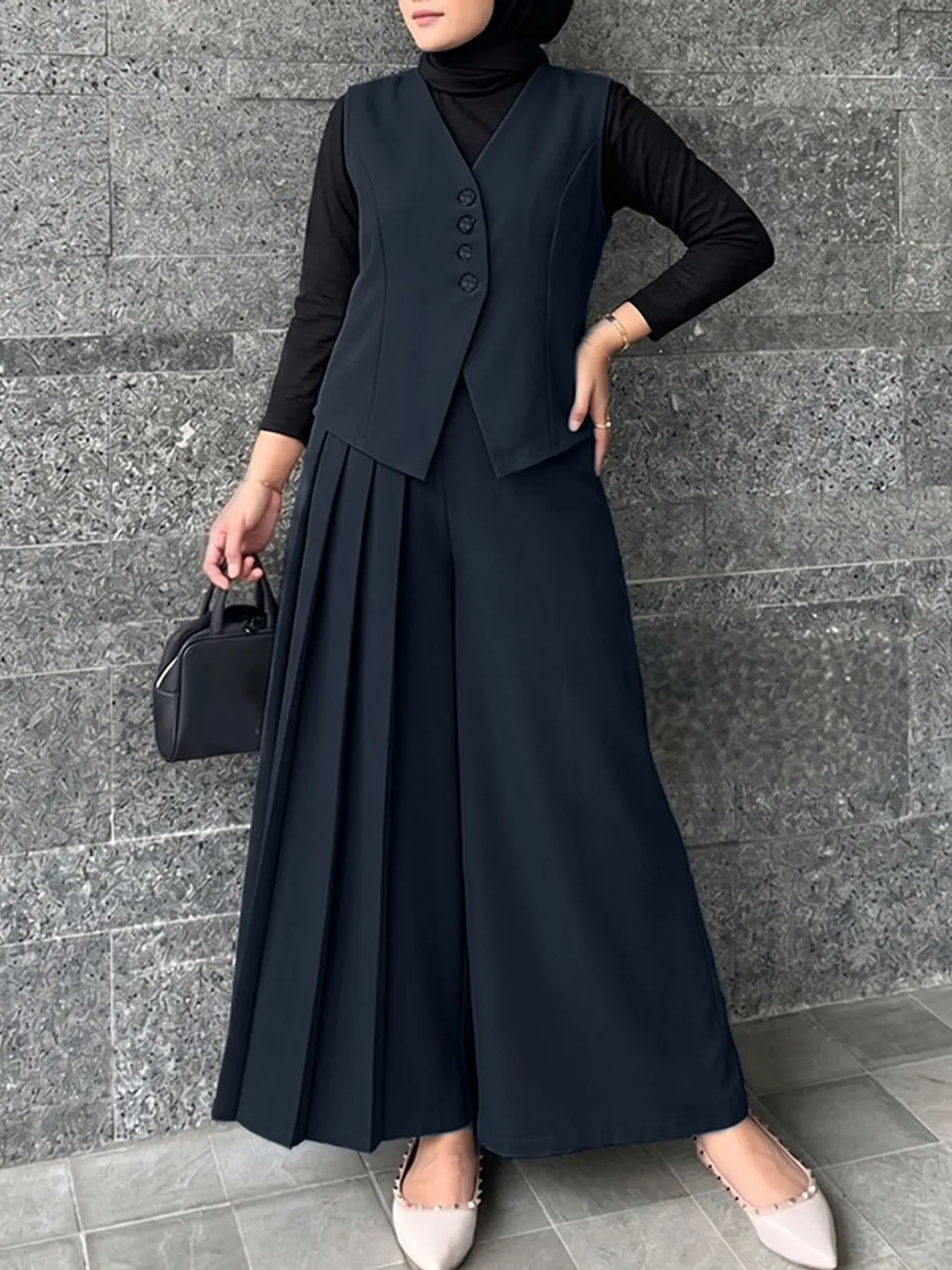 ZANZEA Women's V-Neck Sleeveless Open Front Vest + Wide Leg Pants Set, Matching Outfit Set, Elastic Waist, No Pockets, Two-Piece, Casual Fashion Outfit Sets Women