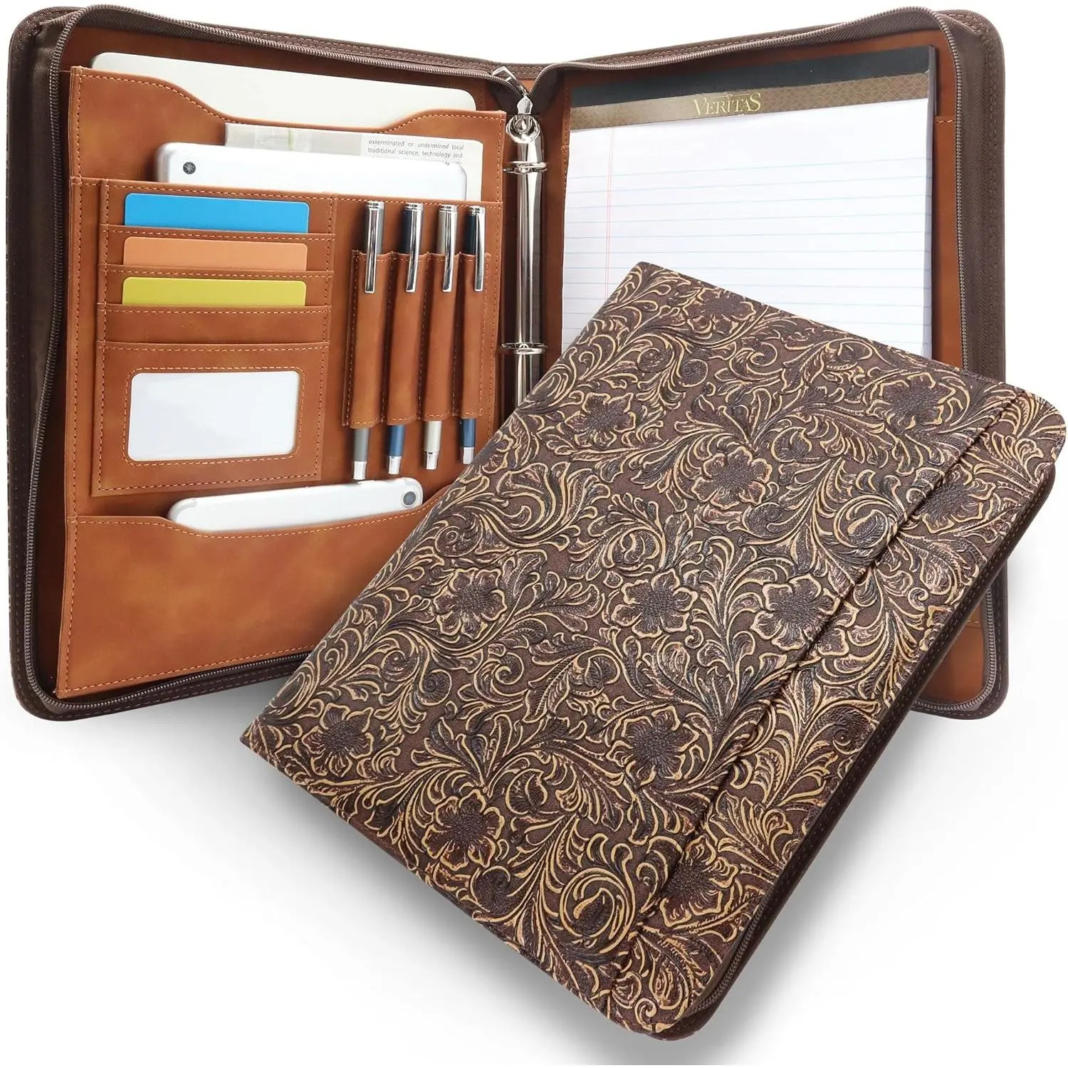 Western Vintage Floral Embossed Faux Leather Zippered Padfolio with 3 Ring Binder, Executive Portfolio Organizer Binder for Women, Fits 13.9" Laptop/Tablet, Refillable Writing Pad Pocket