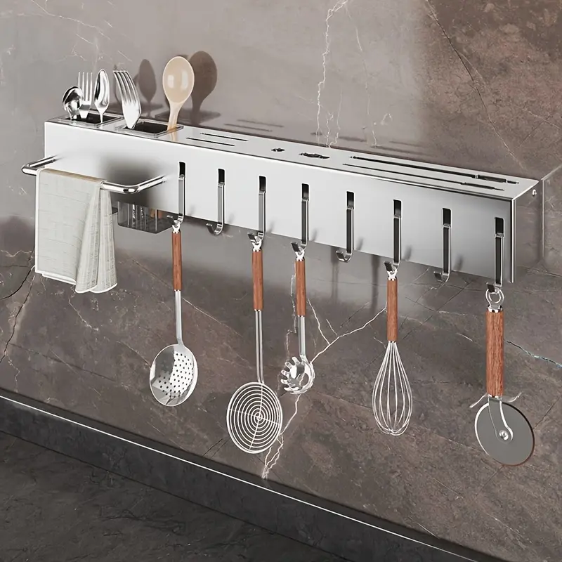 1 Piece Stainless Steel Kitchen Wall Mounted Organizer Multi Function Utensil Storage Rack Save Countertop Space Hanging Cutlery Knife Holder for Kitchen