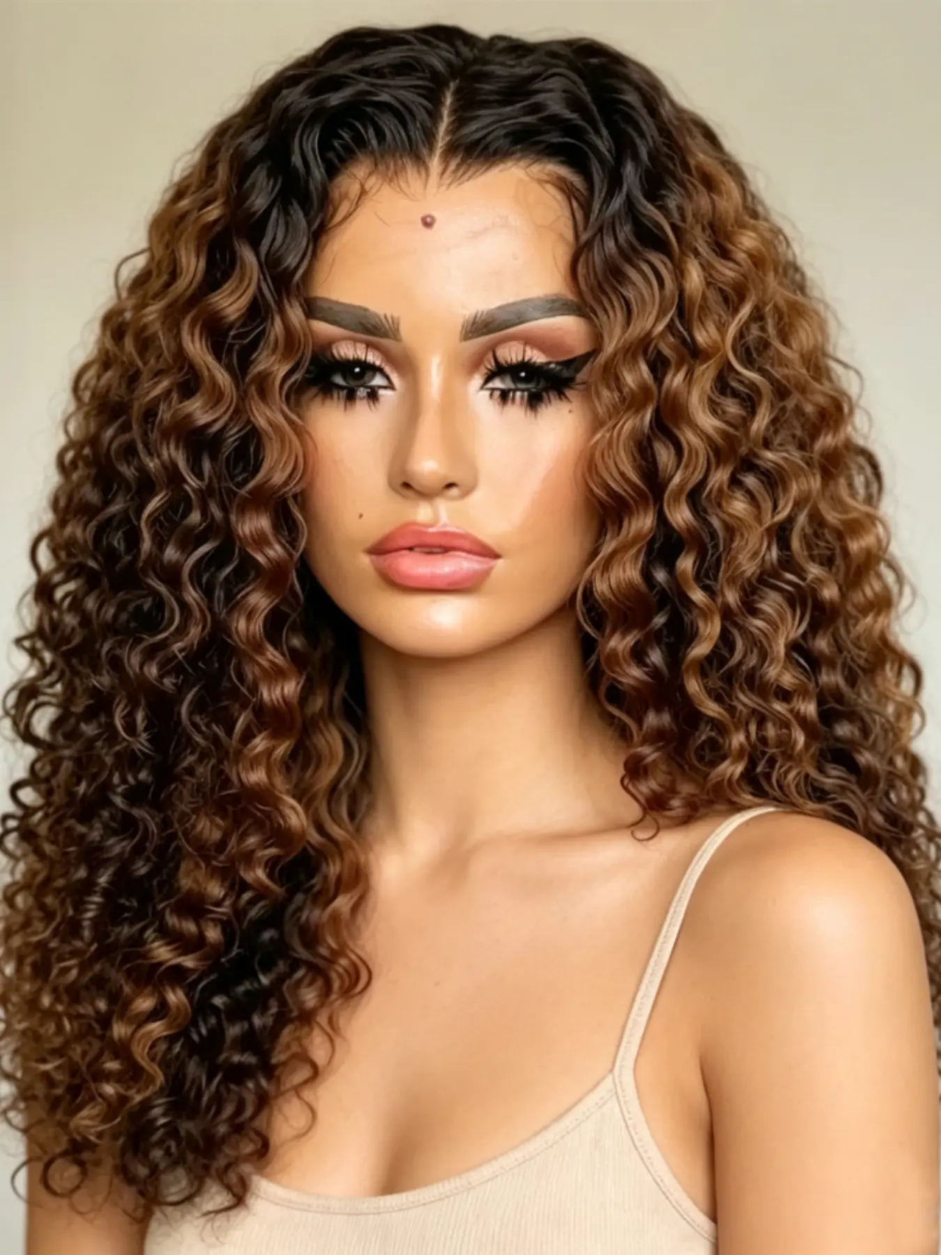 Fashion Soft 26-Inch 180% Density Lace Front Curly Wig, Knot Curl Pre-Plucked Ombre Highlight Gradient, Daily Use Synthetic Hairpiece