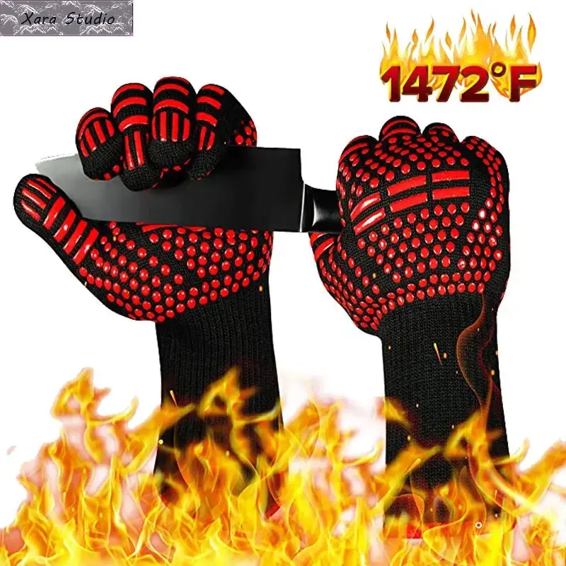 Heat Resistant Grill Gloves with Non-Slip Silicone Grips, 800°F Fireproof Protection for Barbecue, Cooking, and Baking, Oven Mitts, Heavy Duty Gloves, Food Handling, Bbq Enthusiasts, Outdoor Bbq, 800°F Heat