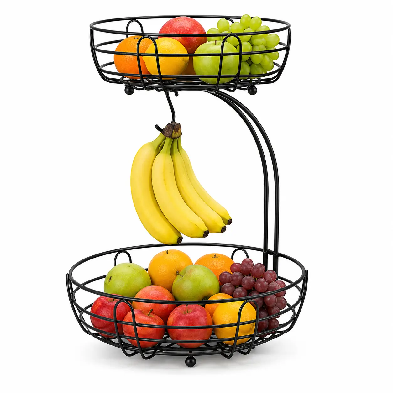 ZHOHO TANT 2-Tier Durable Metal Wire Fruit Basket with Hangable Countertop Design & Banana Hanger, Industrial Household Collapsible Open Grid Food Containers for French Country Farmhouse Kitchen Decor