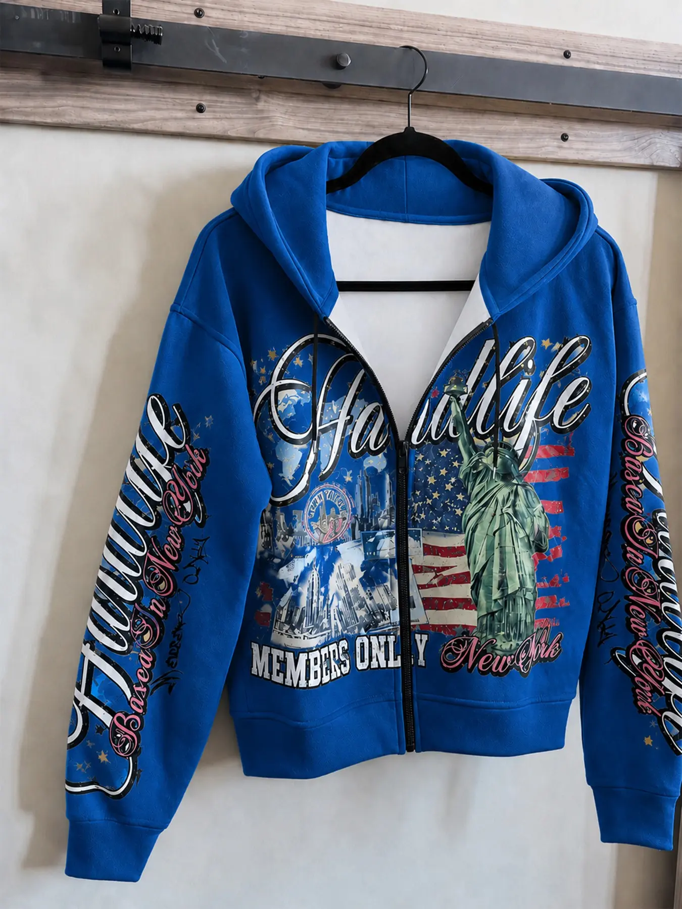 Men's Streetwear Spring Casual Statue of Liberty Graphic Zip-Up Hoodie Jacket, Y2K Style, Long Sleeve, Slim Fit, All Seasons