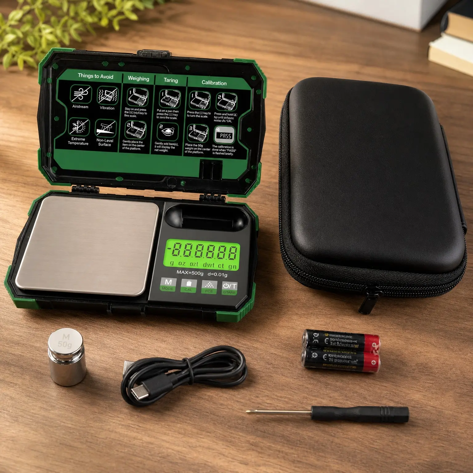 Pocket Digital Scale 500g x 0.01g Precision Gram Scale with Large Backlight Display, 6 Weighing Units, Dual Powered, Calibration Weight, USB Cable and Zipper Case Included