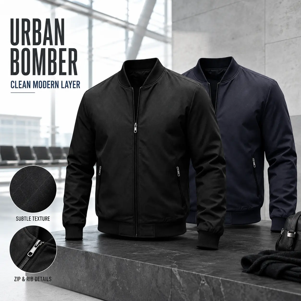 Men's Diamond Quilted Bomber Jacket Zip Pocket Stand Collar Casual Business Outerwear