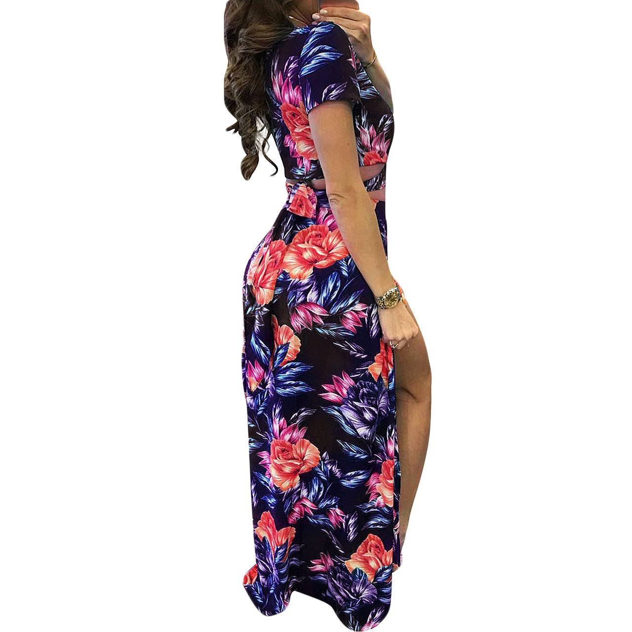 Women Floral Two Piece Maxi Dress Set Summer Vacation Outfits High Slit Long Skirt and V Neck Crop Top Sexy Beachwear Matching Set